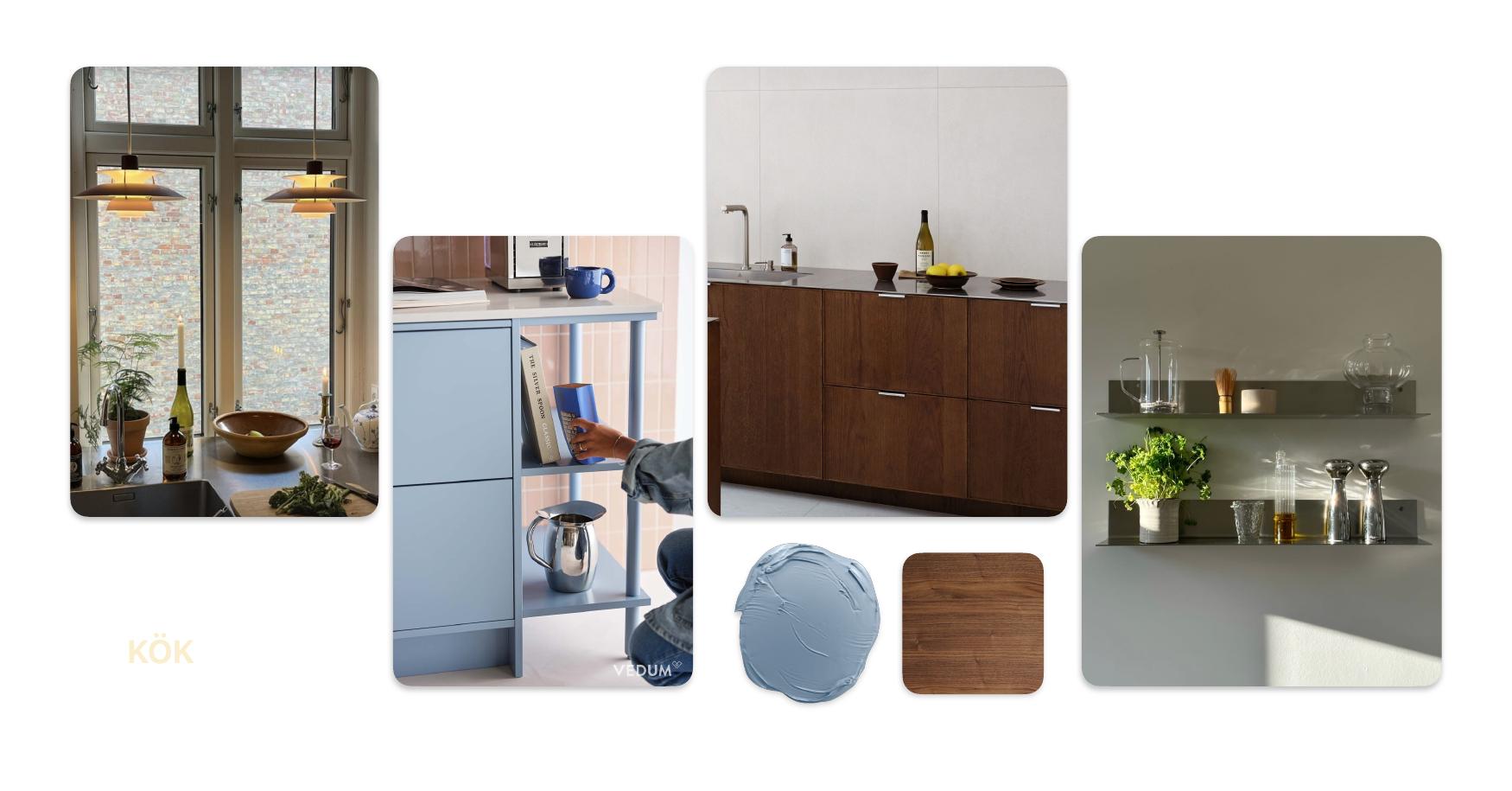 Komplett moodboard för köksinredning med kulörer, material och inspirationsbilder